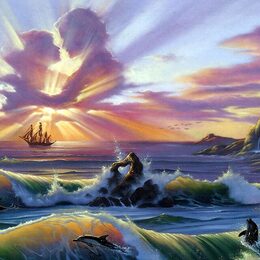 Обои с фэнтези, лодкой, судно, небо, любовь, береговой линией, море, дельфином - скачать