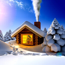 Обои с праздничными, зимой, дымом, домиком, окно, рождество, деревом, 3d, снегом - скачать
