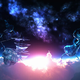 Обои с облакой, китами, солнце, 3d, кораблем, рыбой, графикой, фантастикой, аниме, звездами, синим, чёрным, оригиналом - скачать