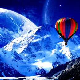 Обои с воздушным шаром, ландшафтом, 3d, живопись, фотографии, графикой, горой, психоделиком, манипуляции, монгольфьером, луной, зимой, снегом, триппи - скачать