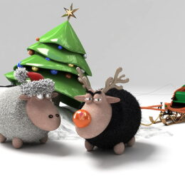 Обои с 3d, праздничными, сани, овцой, рождественской елкой, рождество - скачать