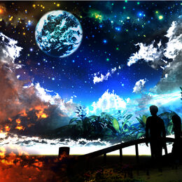 Обои с ночью, облакой, фантастикой, планетой, мостом, аниме, графикой, 3d, звездами, небо, огонью, оригиналом - скачать