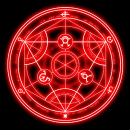 Обои с красными, стальноем алхимиком (fullmetal alchemist), фоном, логотипами - скачать