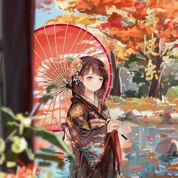 Обои с зонтиком, девушкой, кимоно, садом, осенью, аниме - скачать