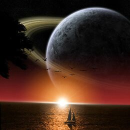 Обои с сатурном, фэнтези, море, космосом, солнце, кораблем - скачать